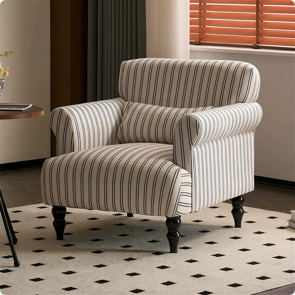LIVARA Fine Stripe Printed Velvet Lounge Chair with Solid Wood Legs for Living Room - Striped Pattern