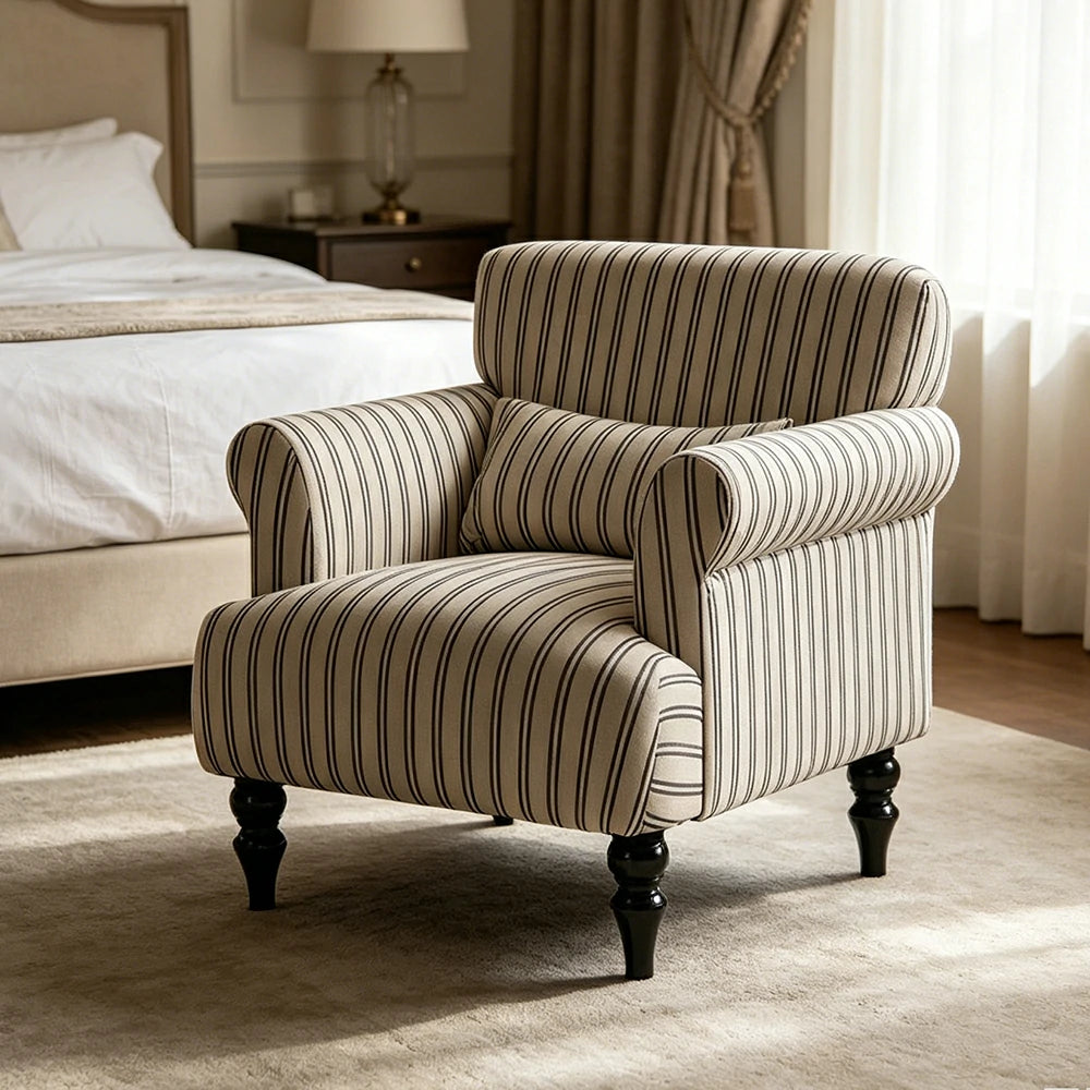 LIVARA Fine Stripe Printed Velvet Lounge Chair with Solid Wood Legs for Living Room - Striped Pattern