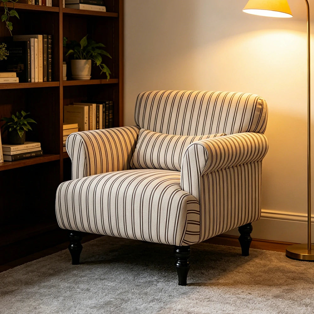 LIVARA Fine Stripe Printed Velvet Lounge Chair with Solid Wood Legs for Living Room - Striped Pattern