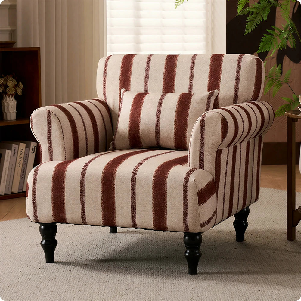 LIVARA Breathable Cotton Linen Lounge Chair with Solid Wood Legs for Living Room Bedroom - Brick Red
