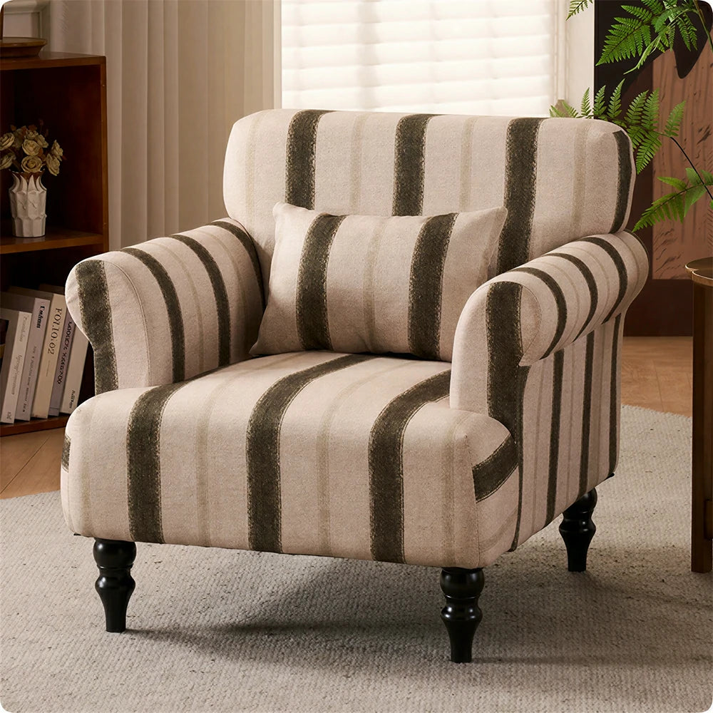 LIVARA Breathable Cotton Linen Lounge Chair with Solid Wood Legs for Living Room Bedroom - Dark Green