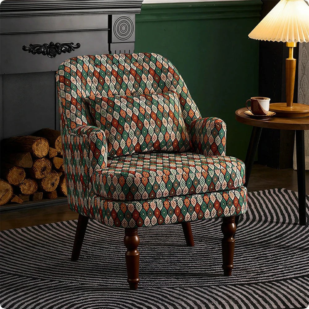 LIVARA Gothic Windowpane Lounge Chair with Vintage Solid Wood Legs for Living Room - Gothic Pattern