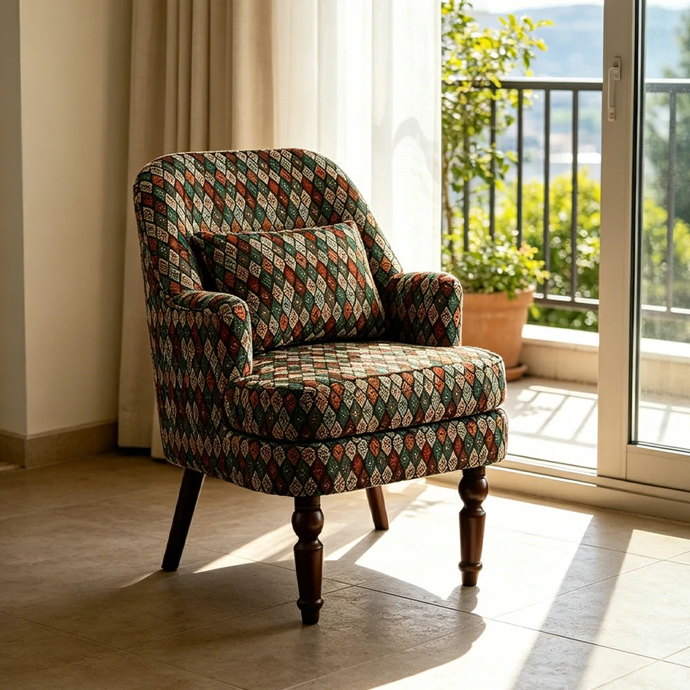 LIVARA Gothic Windowpane Lounge Chair with Vintage Solid Wood Legs for Living Room - Gothic Pattern