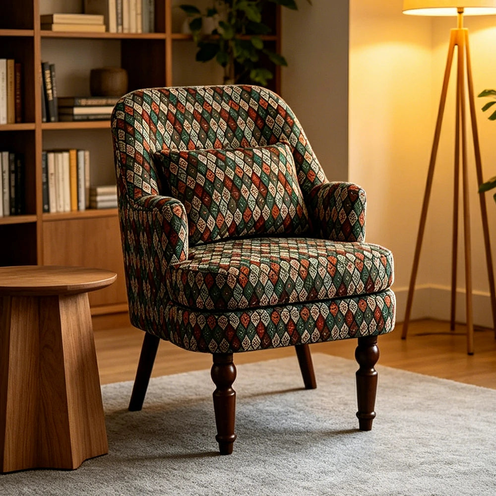 LIVARA Gothic Windowpane Lounge Chair with Vintage Solid Wood Legs for Living Room - Gothic Pattern