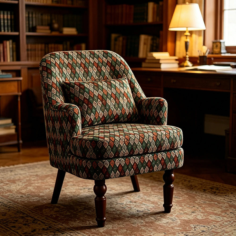 LIVARA Gothic Windowpane Lounge Chair with Vintage Solid Wood Legs for Living Room - Gothic Pattern