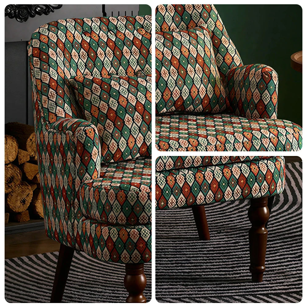 LIVARA Gothic Windowpane Lounge Chair with Vintage Solid Wood Legs for Living Room - Gothic Pattern