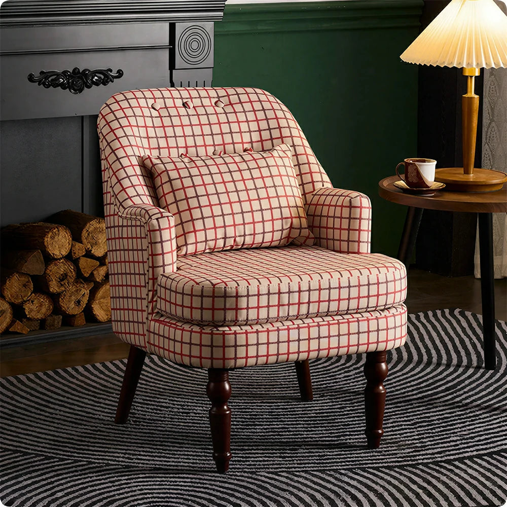 LIVARA Gothic Windowpane Lounge Chair with Vintage Solid Wood Legs for Living Room - Pink Pattern