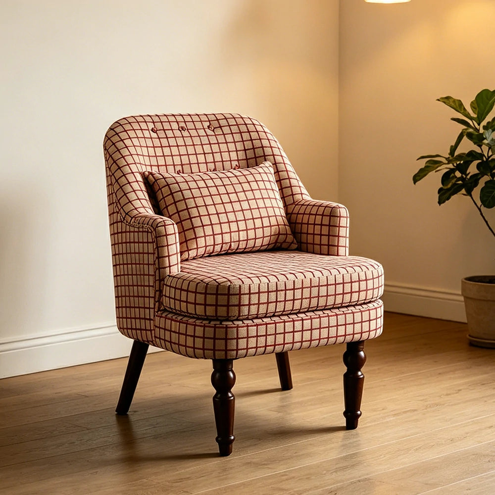 LIVARA Gothic Windowpane Lounge Chair with Vintage Solid Wood Legs for Living Room - Pink Pattern