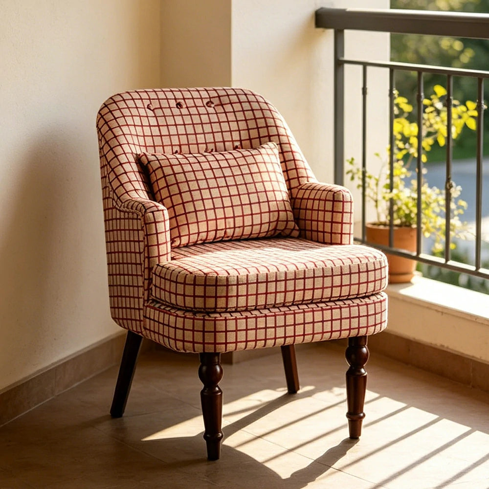LIVARA Gothic Windowpane Lounge Chair with Vintage Solid Wood Legs for Living Room - Pink Pattern