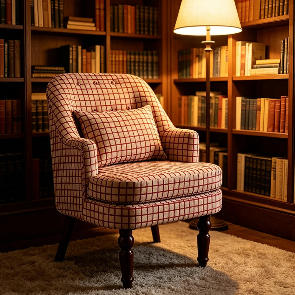 LIVARA Gothic Windowpane Lounge Chair with Vintage Solid Wood Legs for Living Room - Pink Pattern