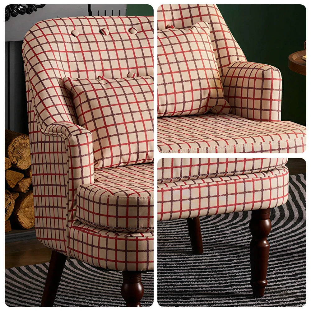 LIVARA Gothic Windowpane Lounge Chair with Vintage Solid Wood Legs for Living Room - Pink Pattern