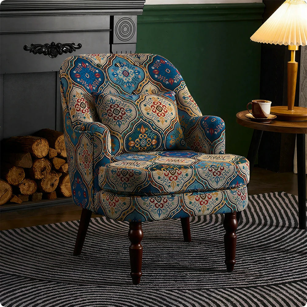 LIVARA Gothic Windowpane Lounge Chair with Vintage Solid Wood Legs for Living Room - Blue Pattern
