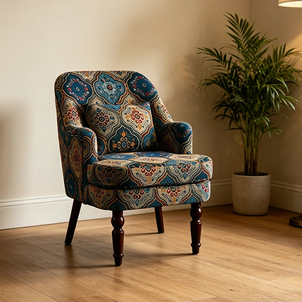 LIVARA Gothic Windowpane Lounge Chair with Vintage Solid Wood Legs for Living Room - Blue Pattern
