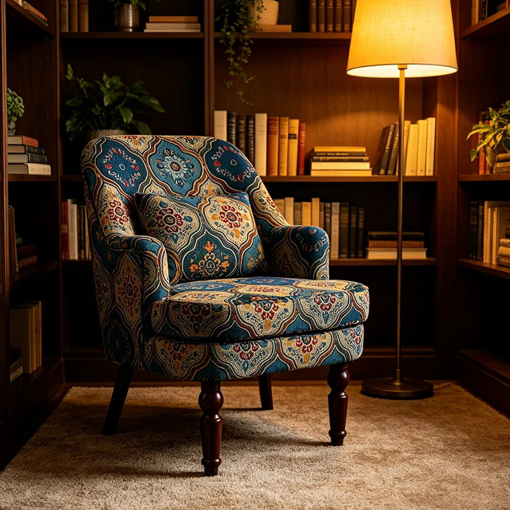 LIVARA Gothic Windowpane Lounge Chair with Vintage Solid Wood Legs for Living Room - Blue Pattern