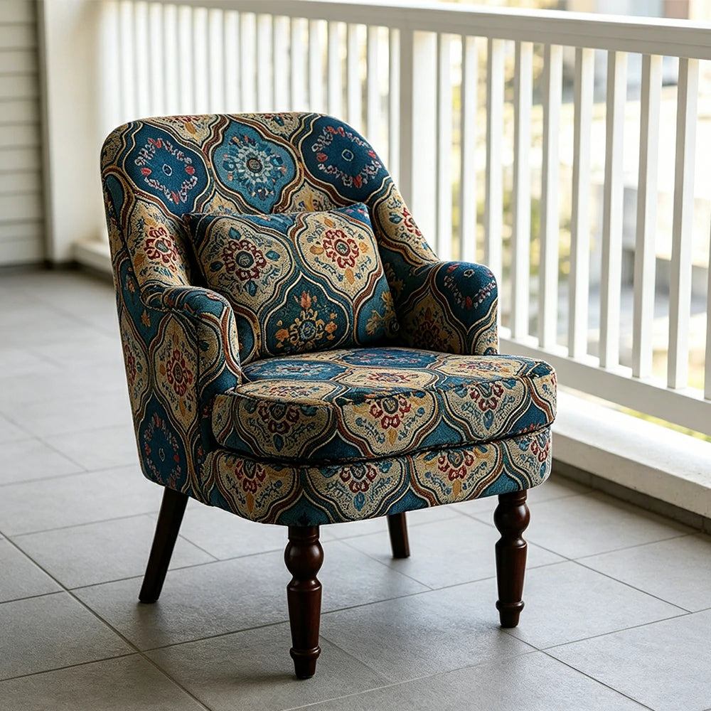 LIVARA Gothic Windowpane Lounge Chair with Vintage Solid Wood Legs for Living Room - Blue Pattern