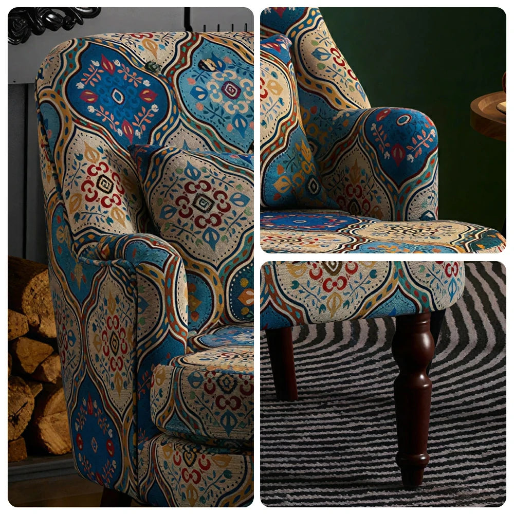 LIVARA Gothic Windowpane Lounge Chair with Vintage Solid Wood Legs for Living Room - Blue Pattern
