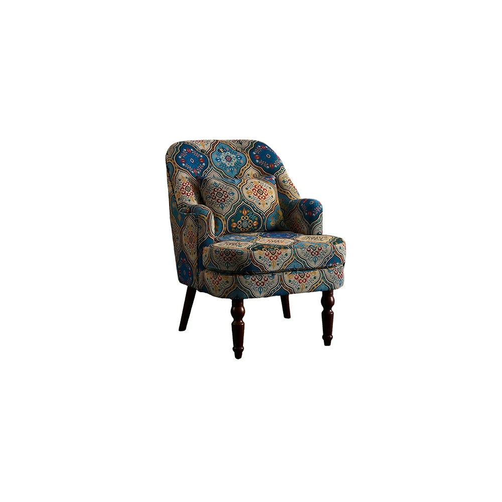 LIVARA Gothic Windowpane Lounge Chair with Vintage Solid Wood Legs for Living Room - Blue Pattern