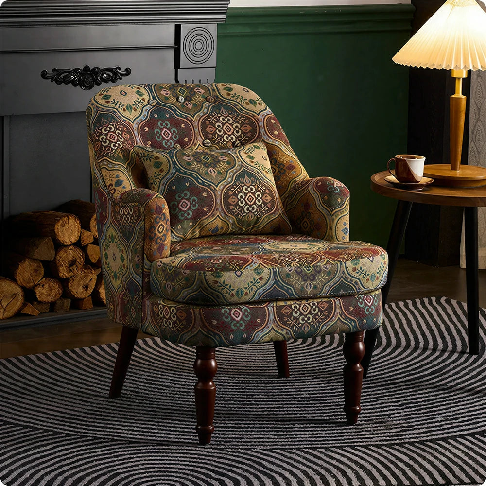 LIVARA Gothic Windowpane Lounge Chair with Vintage Solid Wood Legs for Living Room - Green Pattern