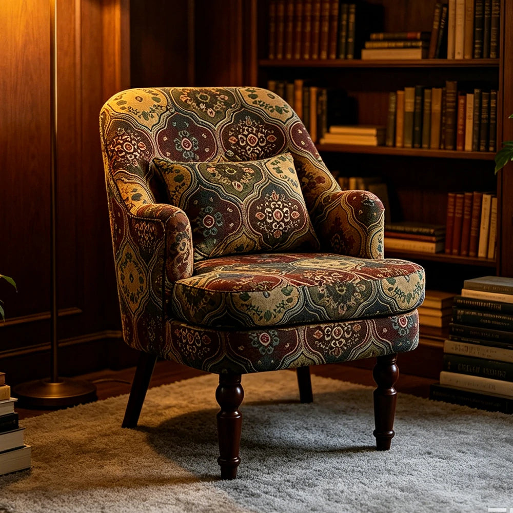 LIVARA Gothic Windowpane Lounge Chair with Vintage Solid Wood Legs for Living Room - Green Pattern