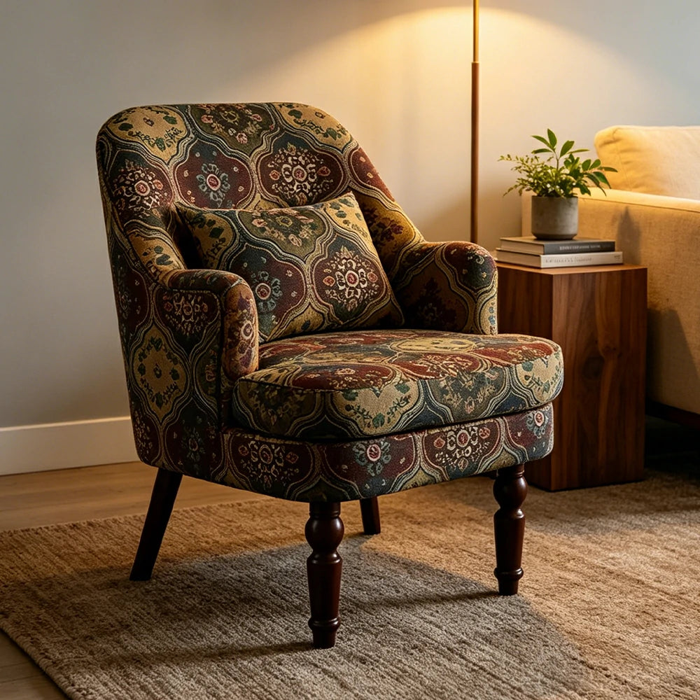 LIVARA Gothic Windowpane Lounge Chair with Vintage Solid Wood Legs for Living Room - Green Pattern