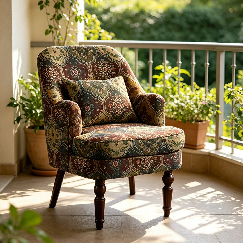 LIVARA Gothic Windowpane Lounge Chair with Vintage Solid Wood Legs for Living Room - Green Pattern