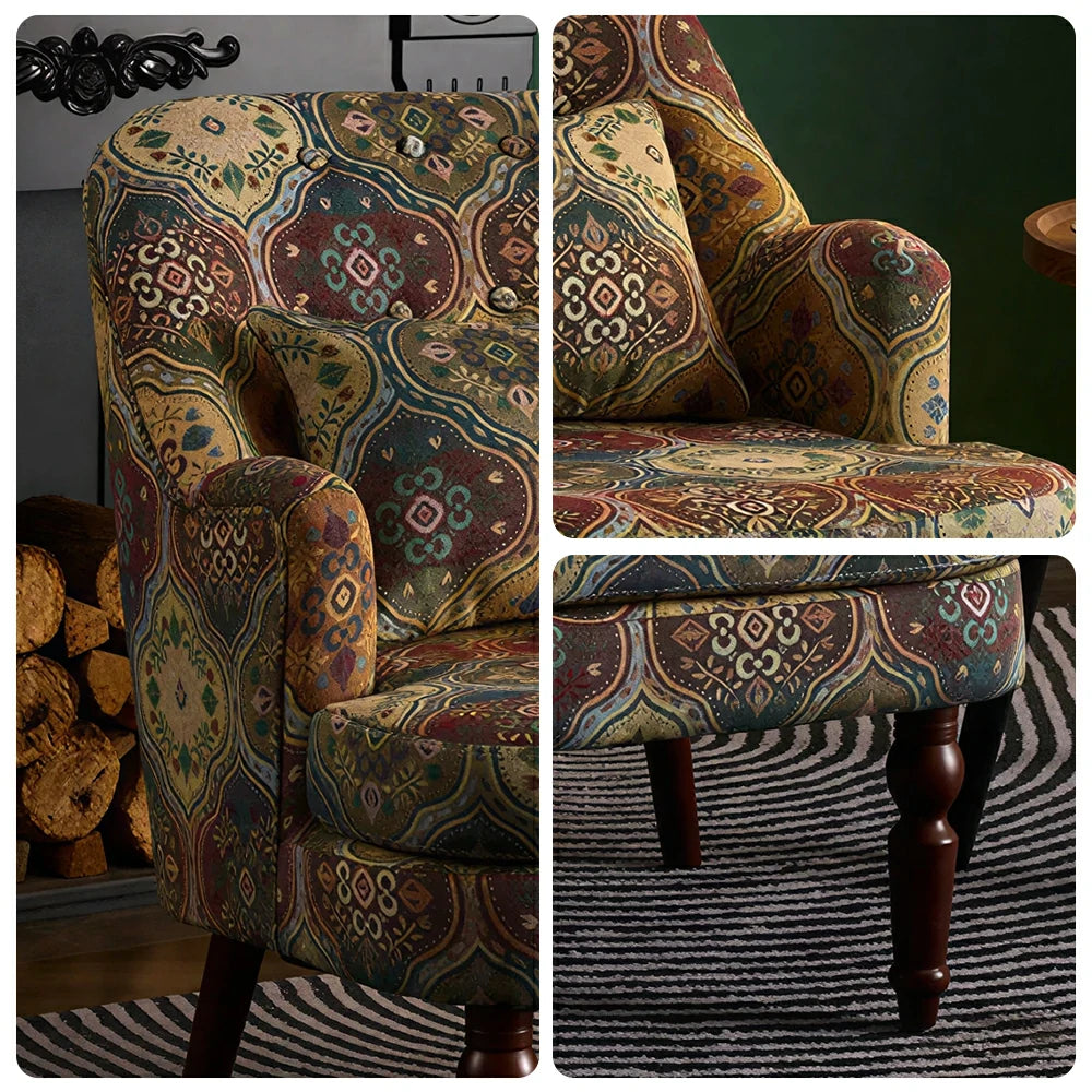 LIVARA Gothic Windowpane Lounge Chair with Vintage Solid Wood Legs for Living Room - Green Pattern