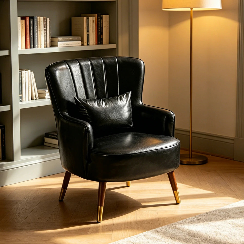 LIVARA Oil Wax Cat-Scratch Leather Accent Chair - Modern Living Room Single Sofa Chair - Black