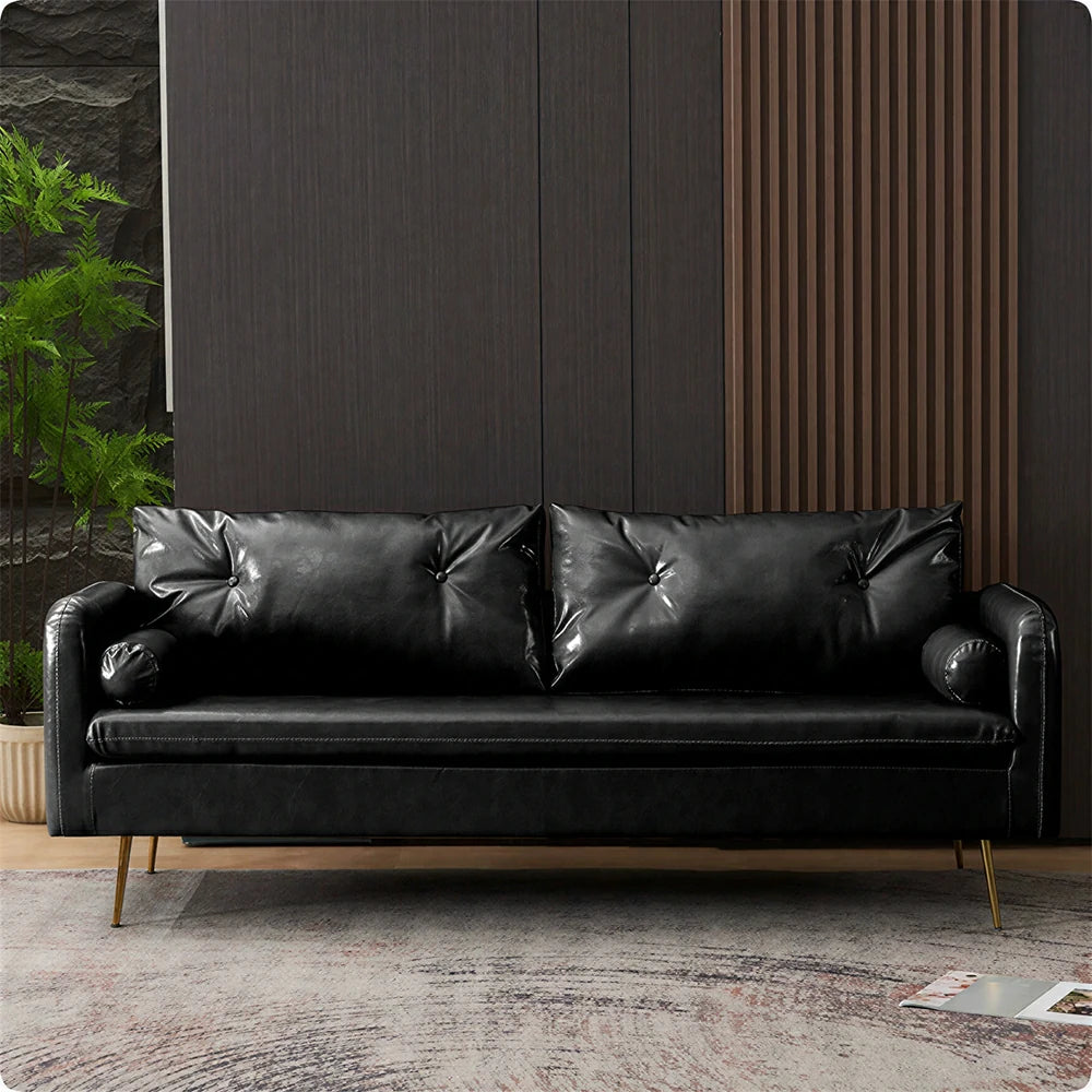 LIVARA PU Leather Sofa - Retro Living Room Lounge Couch - Vintage Black