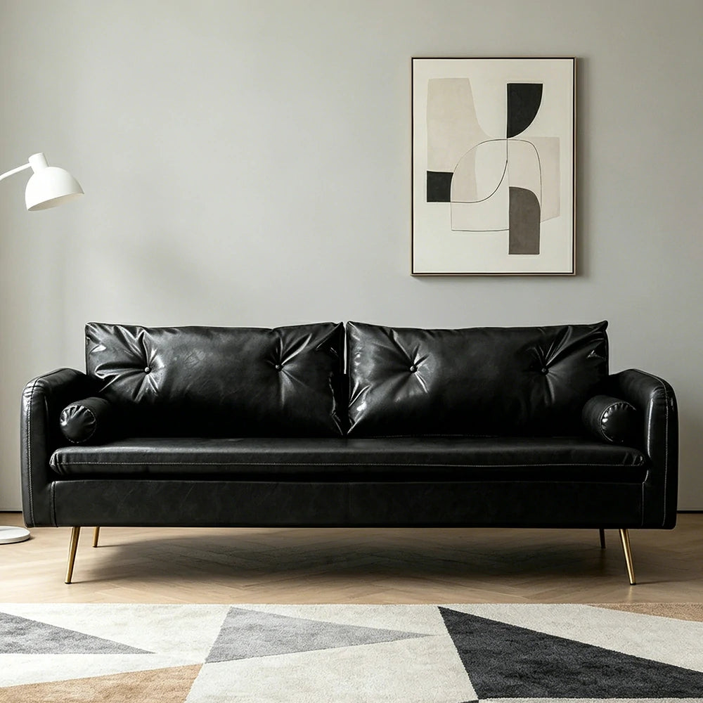 LIVARA PU Leather Sofa - Retro Living Room Lounge Couch - Vintage Black