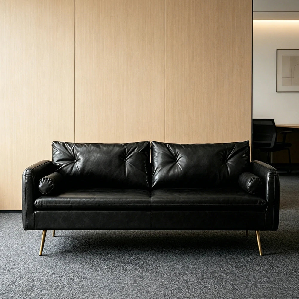 LIVARA PU Leather Sofa - Retro Living Room Lounge Couch - Vintage Black