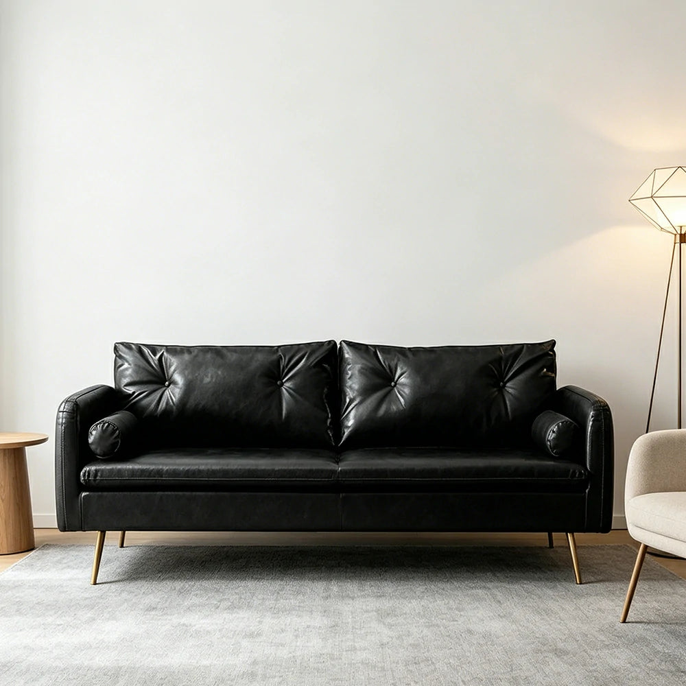 LIVARA PU Leather Sofa - Retro Living Room Lounge Couch - Vintage Black