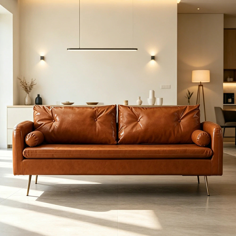 LIVARA PU Leather Sofa - Retro Living Room Lounge Couch - Brown