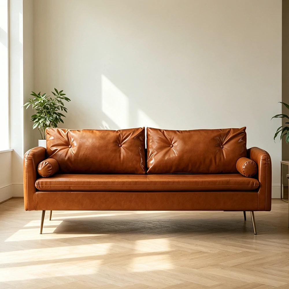 LIVARA PU Leather Sofa - Retro Living Room Lounge Couch - Brown