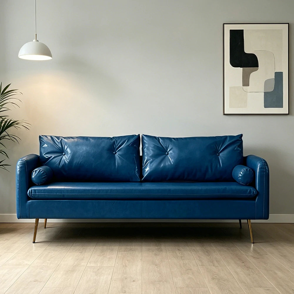 LIVARA PU Leather Sofa - Retro Living Room Lounge Couch -Blue