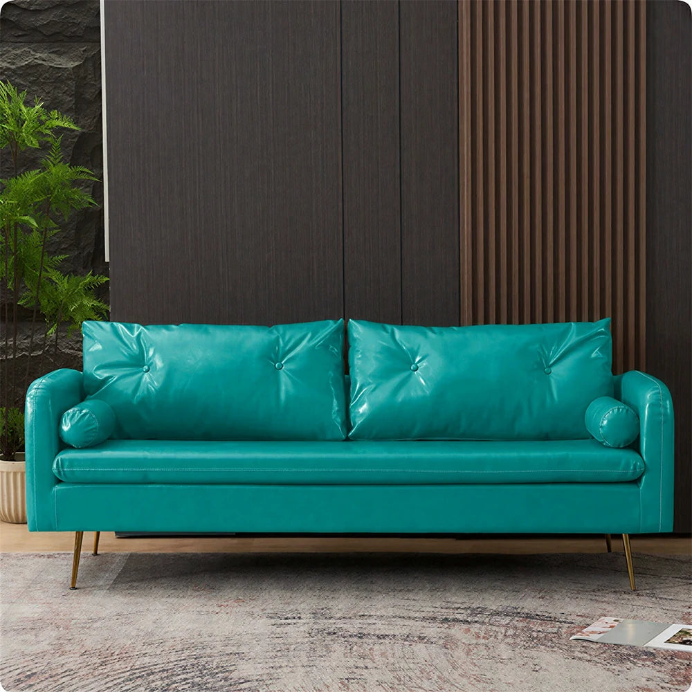 LIVARA PU Leather Sofa - Retro Living Room Lounge Couch -Cyan