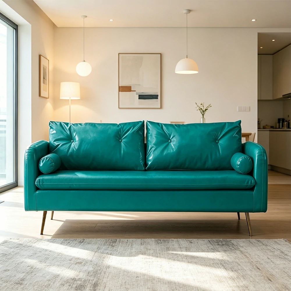 LIVARA PU Leather Sofa - Retro Living Room Lounge Couch -Cyan
