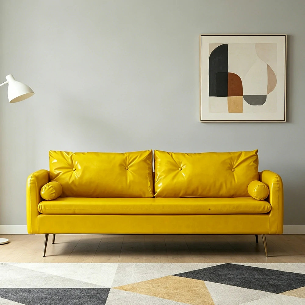 LIVARA PU Leather Sofa - Retro Living Room Lounge Couch -Yellow