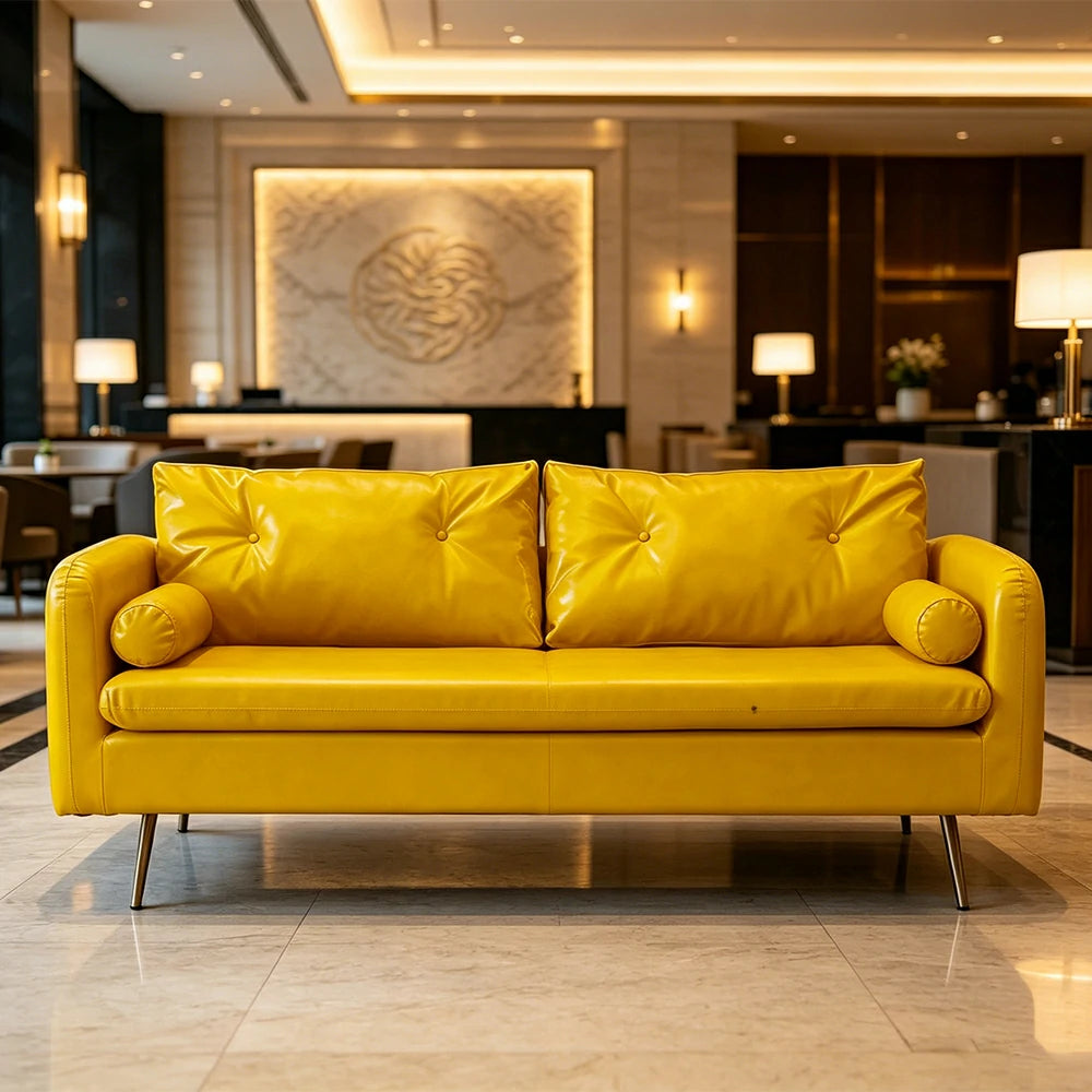 LIVARA PU Leather Sofa - Retro Living Room Lounge Couch -Yellow