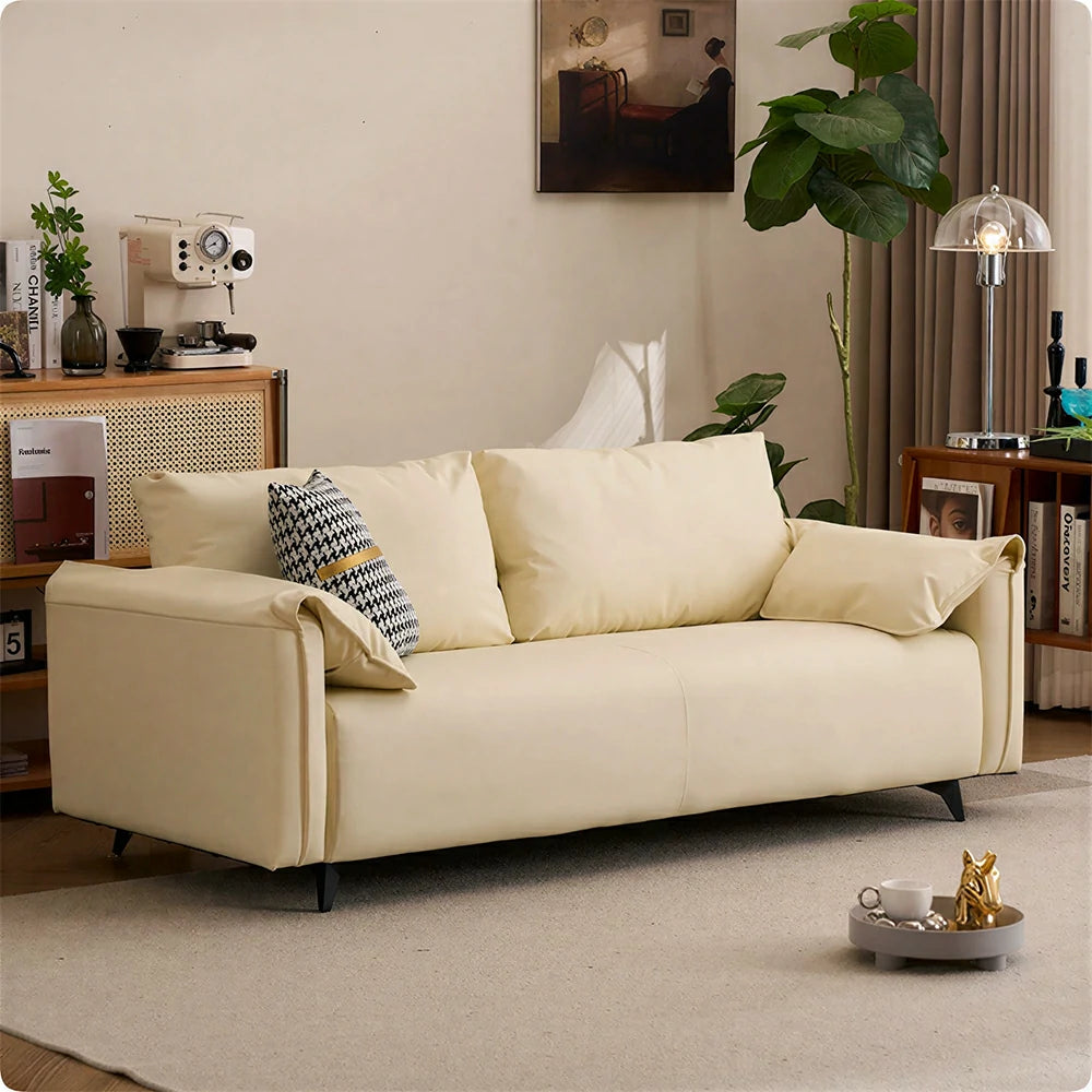LIVARA Cat-Scratch Leather Sofa - Modern Living Room Lounge Couch - Beige White