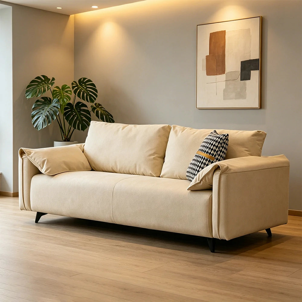 LIVARA Cat-Scratch Leather Sofa - Modern Living Room Lounge Couch - Beige White