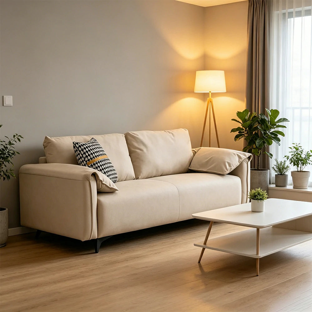 LIVARA Tech Fabric Sofa - Modern Living Room Lounge Couch - Beige White