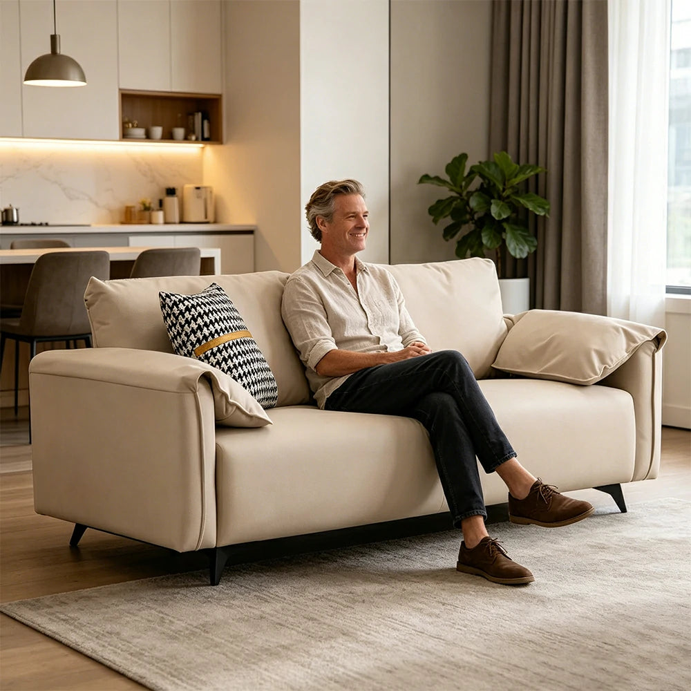 LIVARA Tech Fabric Sofa - Modern Living Room Lounge Couch - Beige White