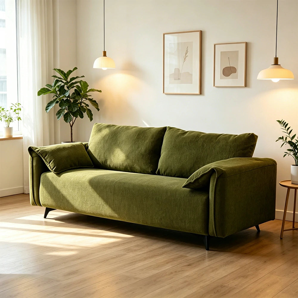 LIVARA Corduroy Sofa - Retro Living Room Lounge Couch - Vintage Green