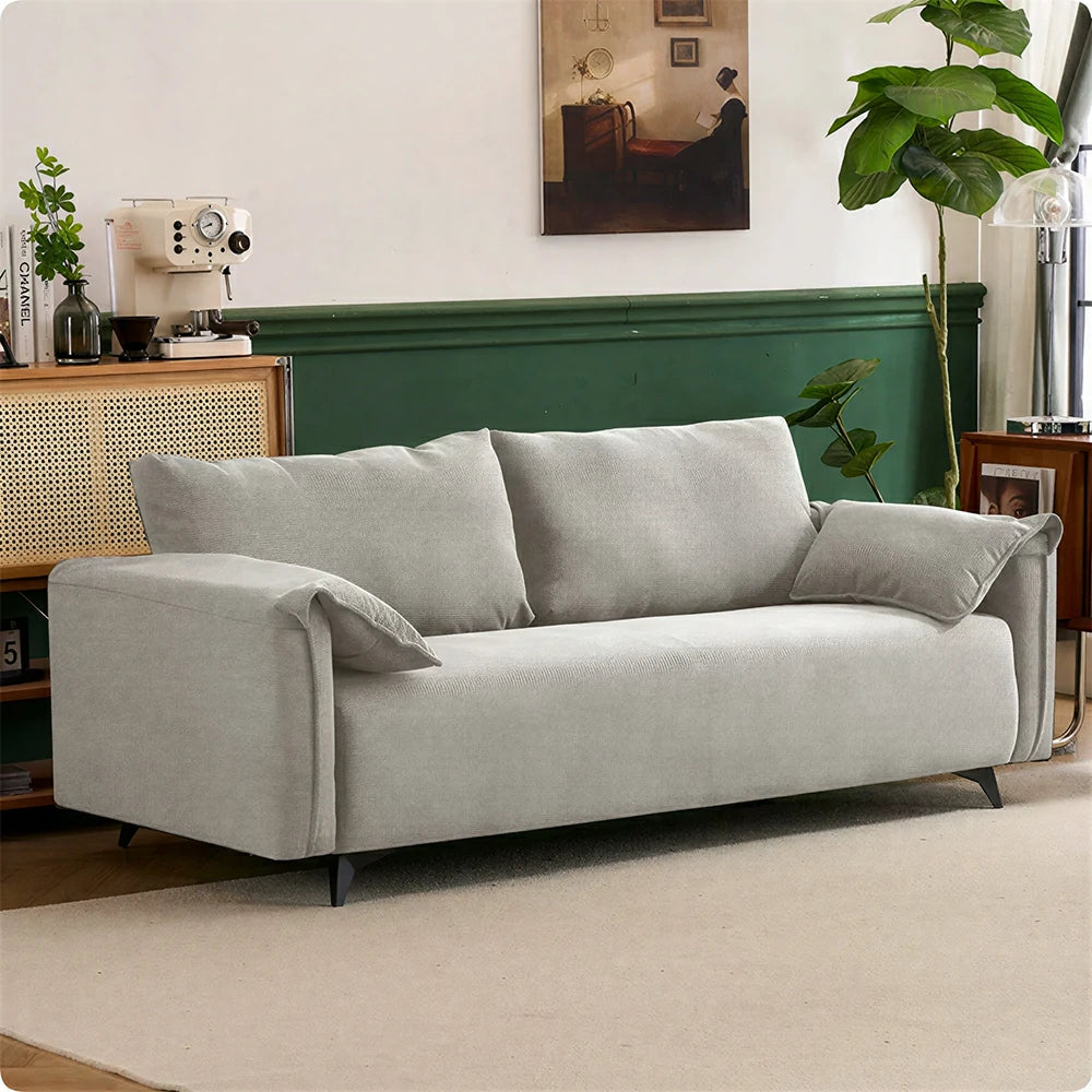 LIVARA Corduroy Sofa - Retro Living Room Lounge Couch - Vintage White
