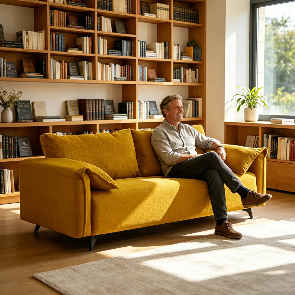 LIVARA Corduroy Sofa - Retro Living Room Lounge Couch - Yellow