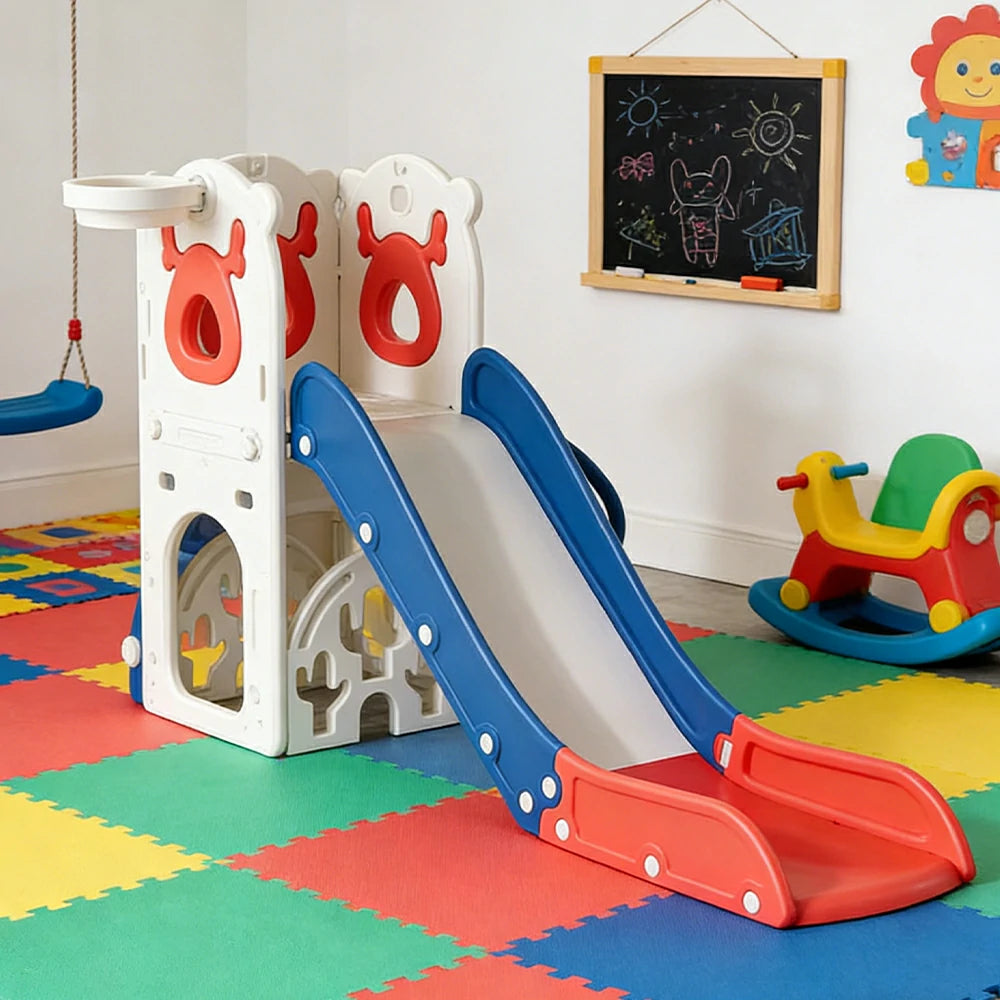 LIVARA Kids Slide Foldable Design Anti-Slip Steps Stable Structure Three-Section Long Slide for Indoor & Outdoor Play - Red&Blue