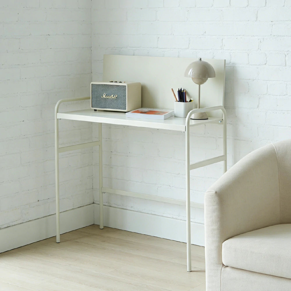 LIVARA Magnetic Pegboard Study Desk - Space Saving Iron Writing Table with Back Panel Organiser, Heavy Duty Metal Frame - White