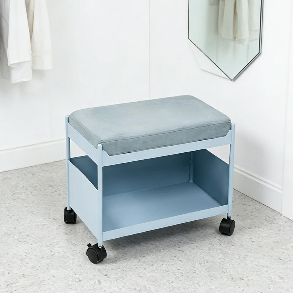 LIVARA Mobile Storage Ottoman Trolley - Iron Frame Rolling Side Table with Cushion Seat Organiser Cart Design - Blue