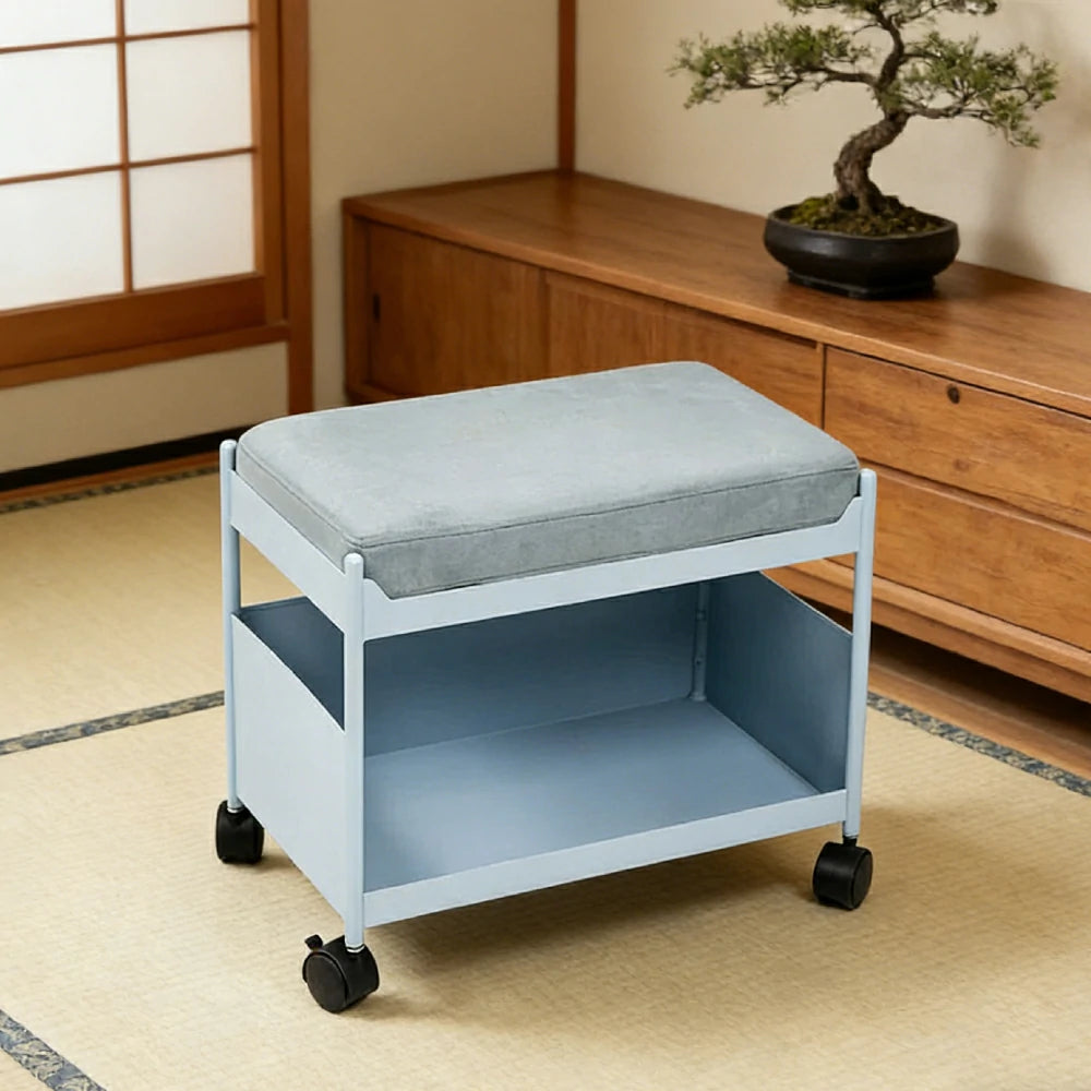 LIVARA Mobile Storage Ottoman Trolley - Iron Frame Rolling Side Table with Cushion Seat Organiser Cart Design - Blue