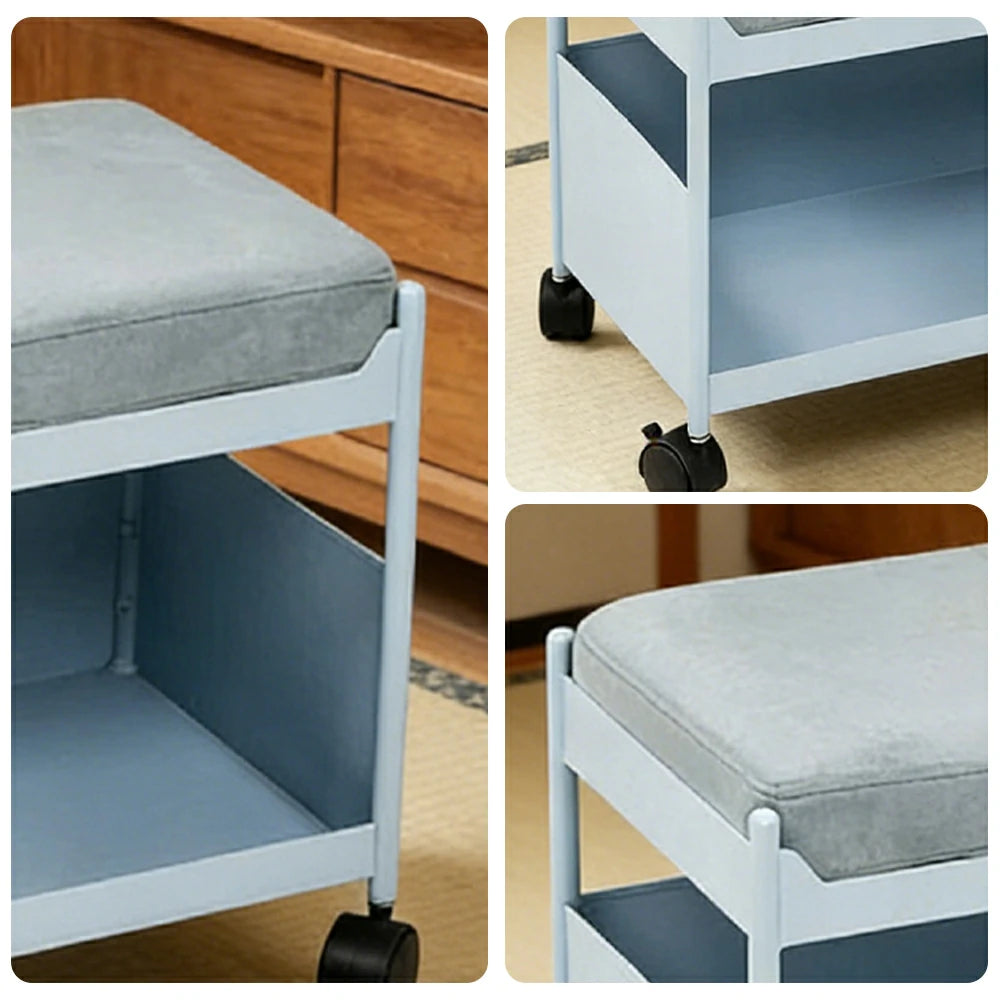 LIVARA Mobile Storage Ottoman Trolley - Iron Frame Rolling Side Table with Cushion Seat Organiser Cart Design - Blue